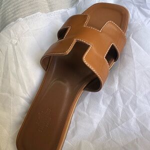 Hermes Tan Leather Slide Sandals